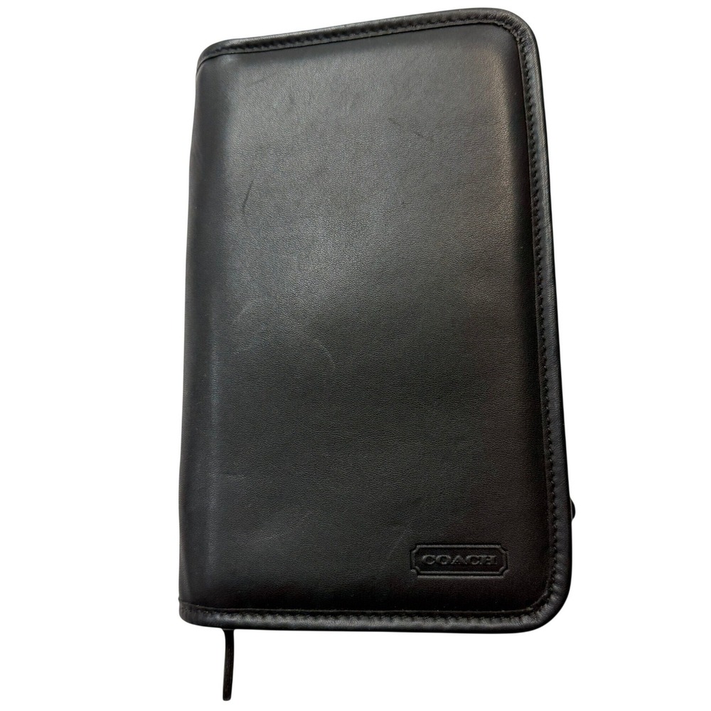 Coach Black Leather Zip Around Travel Wallet Organizer Card Holder Case